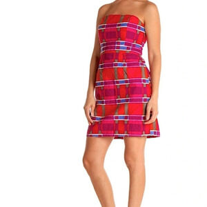 Banana Republic Strapless Plaid pink blue green Dress Pockets Womens sz 6P